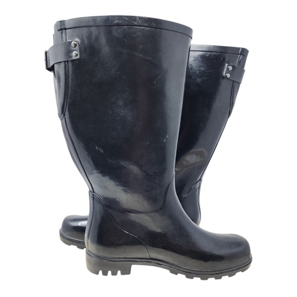 Torrid Rain Boots sz 9 Knee High Black Glossy Wide Calf Buckle Waterproof Rubber - Picture 7 of 12